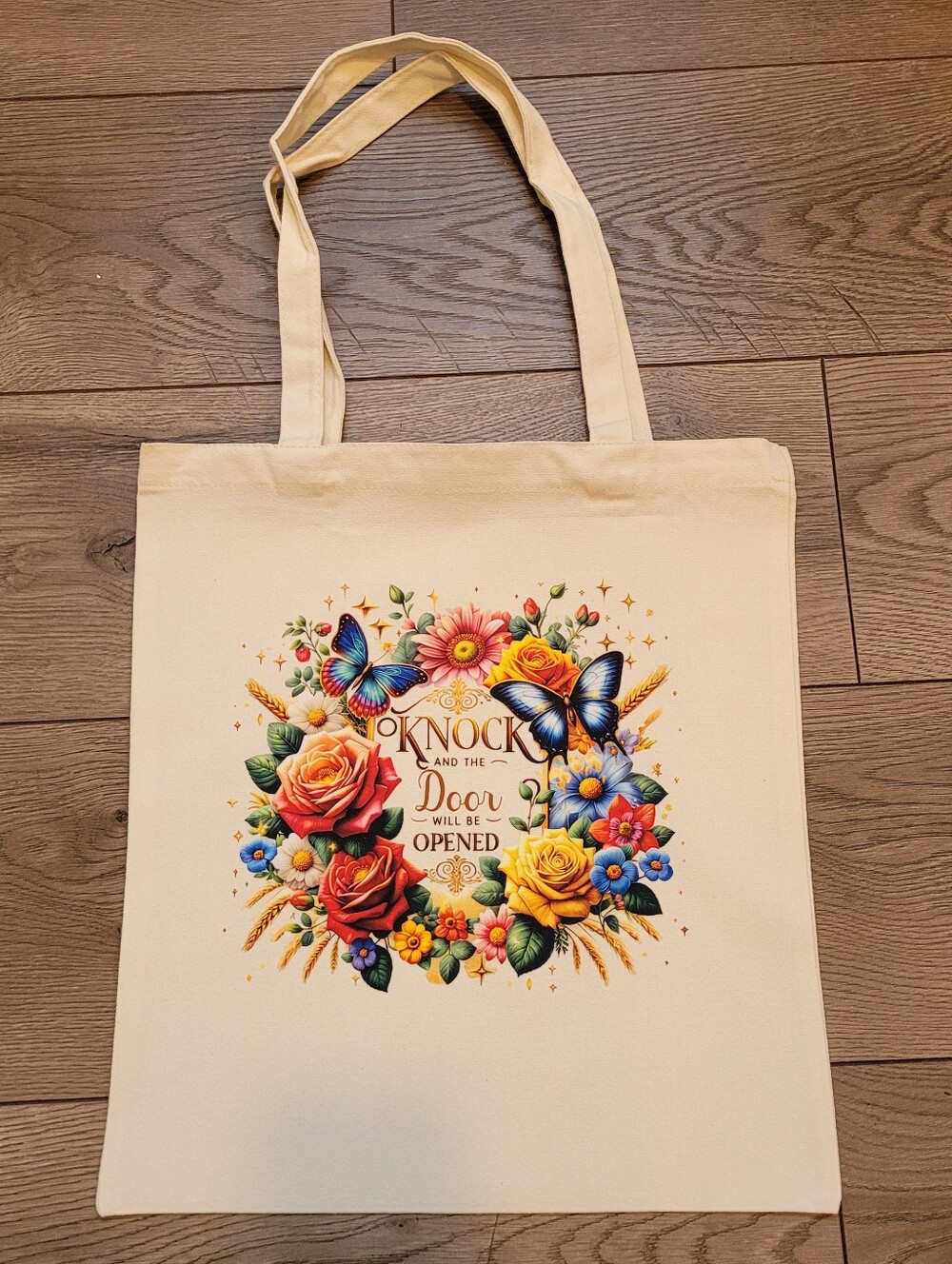 Custom Floral & Butterfly Canvas Tote Bag 'Knock And The Door Will Be Opened'